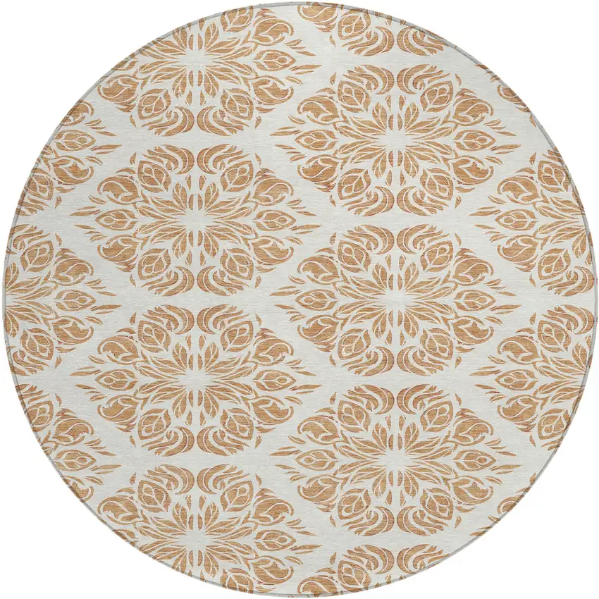 8' Copper And Ivory Round Damask Washable Indoor Outdoor Area Rug Photo 1