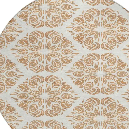 8' Copper And Ivory Round Damask Washable Indoor Outdoor Area Rug Photo 2