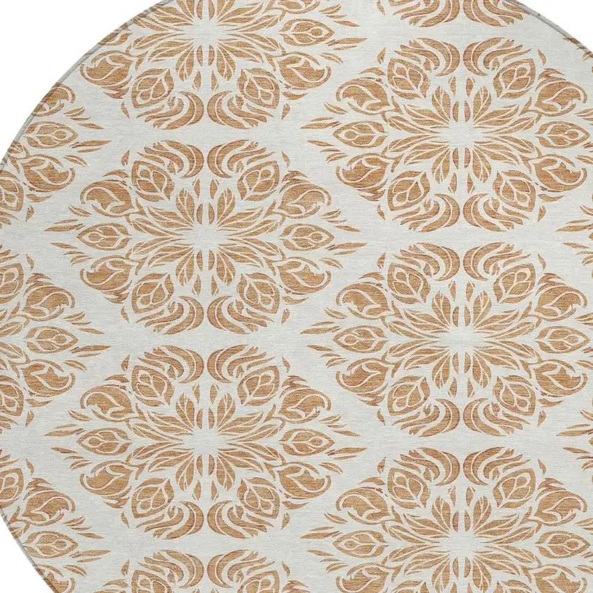 8' Copper And Ivory Round Damask Washable Indoor Outdoor Area Rug Photo 2