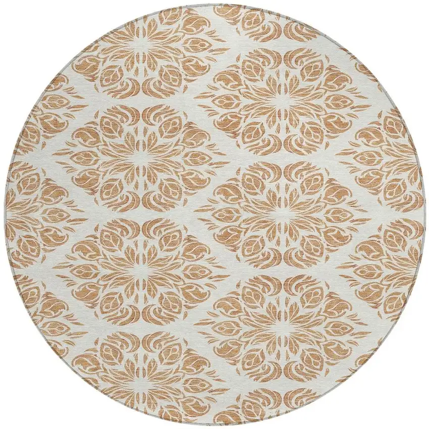 8' Copper And Ivory Round Damask Washable Indoor Outdoor Area Rug Photo 3