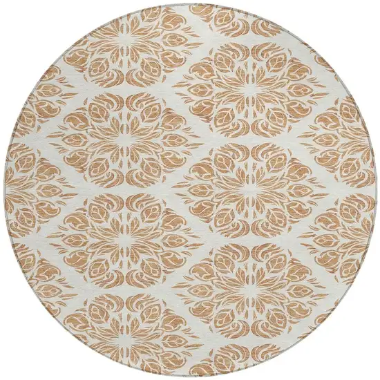 8' Copper And Ivory Round Damask Washable Indoor Outdoor Area Rug Photo 3