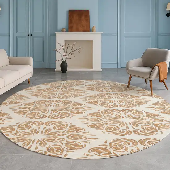 8' Copper And Ivory Round Damask Washable Indoor Outdoor Area Rug Photo 5
