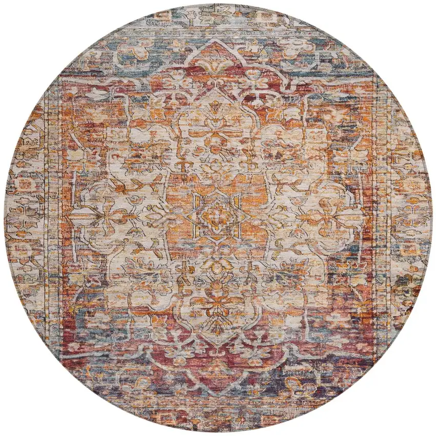 8' Copper And Ivory Round Floral Medallion Washable Indoor Outdoor Area Rug Photo 4