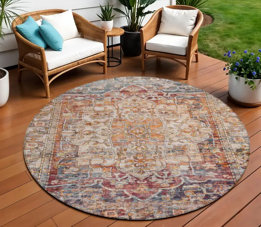 8' Copper And Ivory Round Floral Medallion Washable Indoor Outdoor Area Rug Photo 2