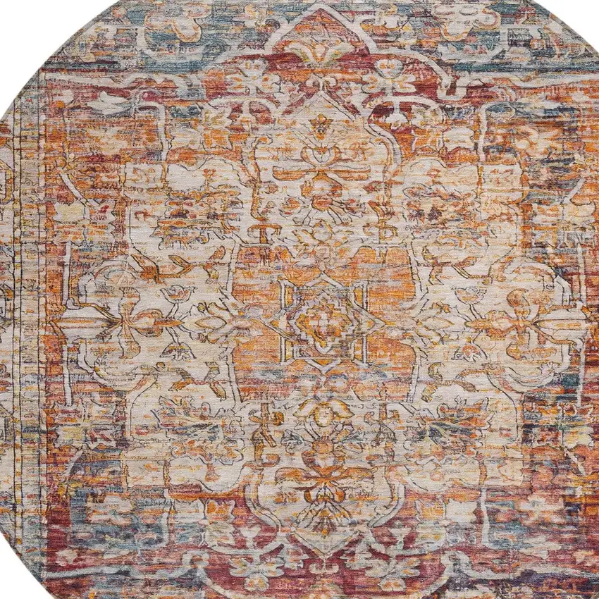 8' Copper And Ivory Round Floral Medallion Washable Indoor Outdoor Area Rug Photo 9