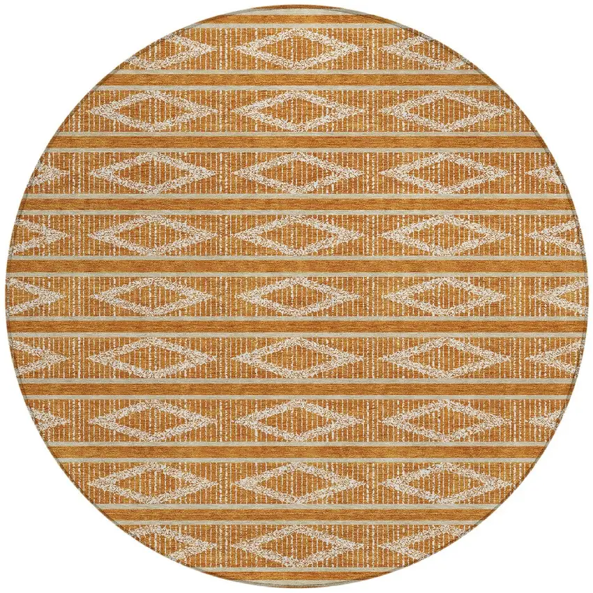 8' Copper And Ivory Round Geometric Washable Indoor Outdoor Area Rug Photo 6