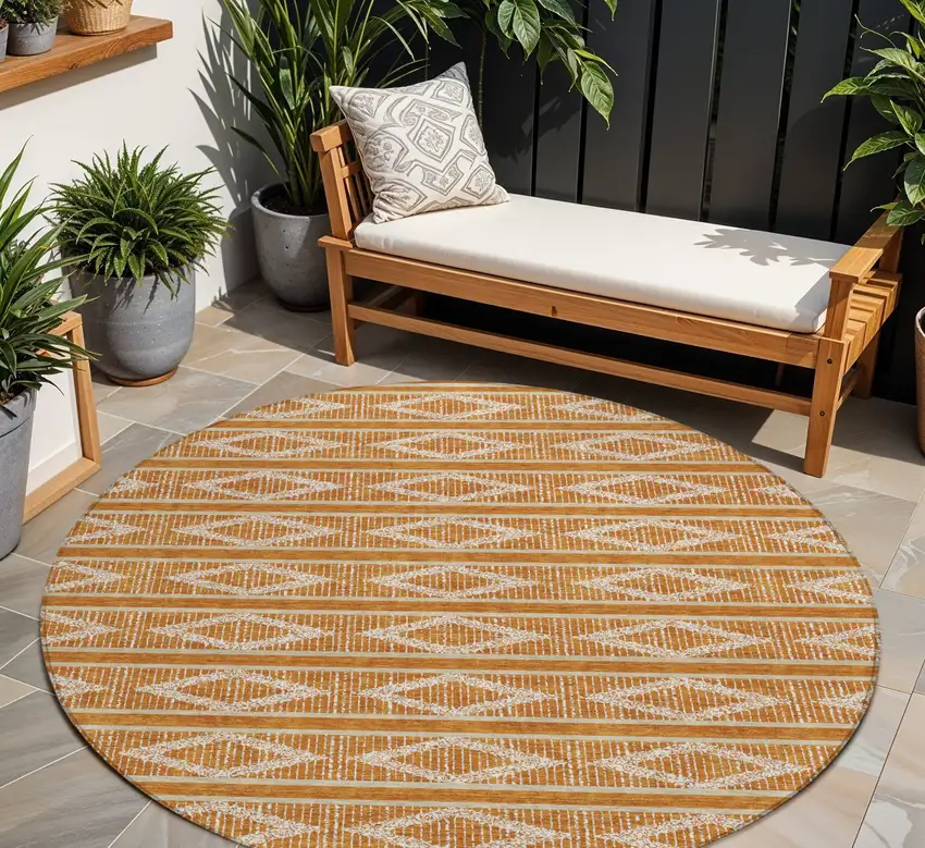 8' Copper And Ivory Round Geometric Washable Indoor Outdoor Area Rug Photo 1