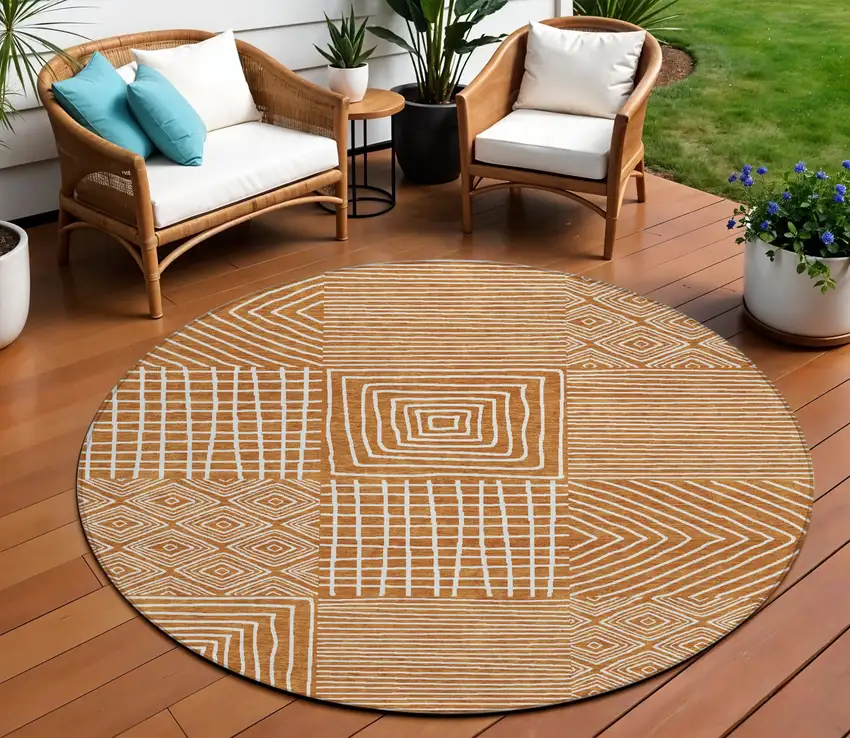 8' Copper And Ivory Round Geometric Washable Indoor Outdoor Area Rug Photo 1