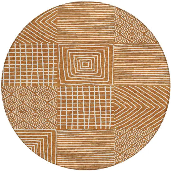 8' Copper And Ivory Round Geometric Washable Indoor Outdoor Area Rug Photo 2