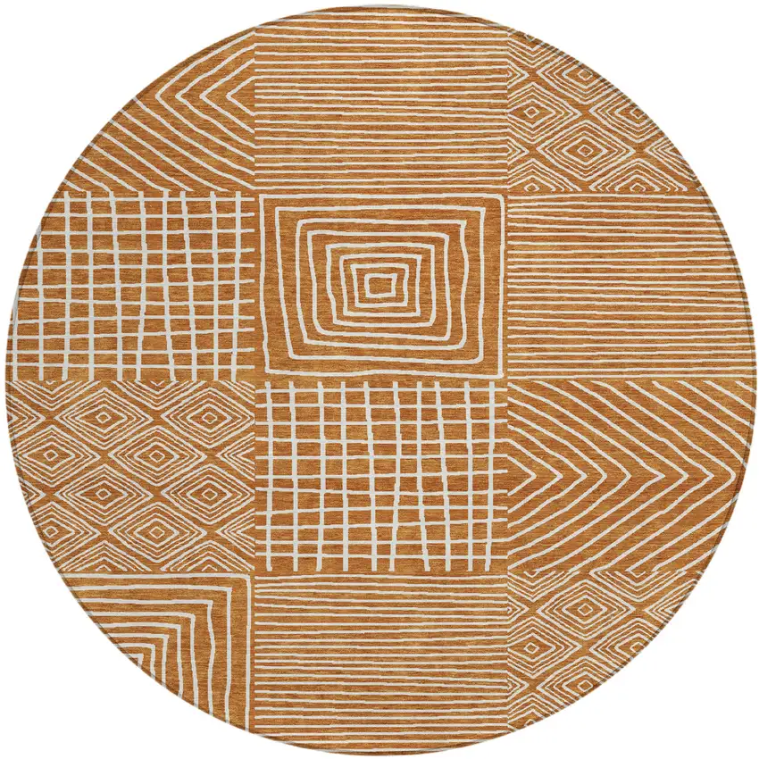 8' Copper And Ivory Round Geometric Washable Indoor Outdoor Area Rug Photo 2