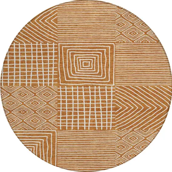 8' Copper And Ivory Round Geometric Washable Indoor Outdoor Area Rug Photo 7
