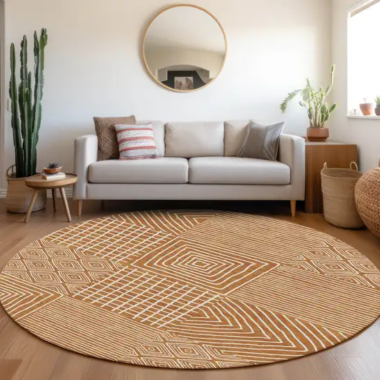 8' Copper And Ivory Round Geometric Washable Indoor Outdoor Area Rug Photo 9