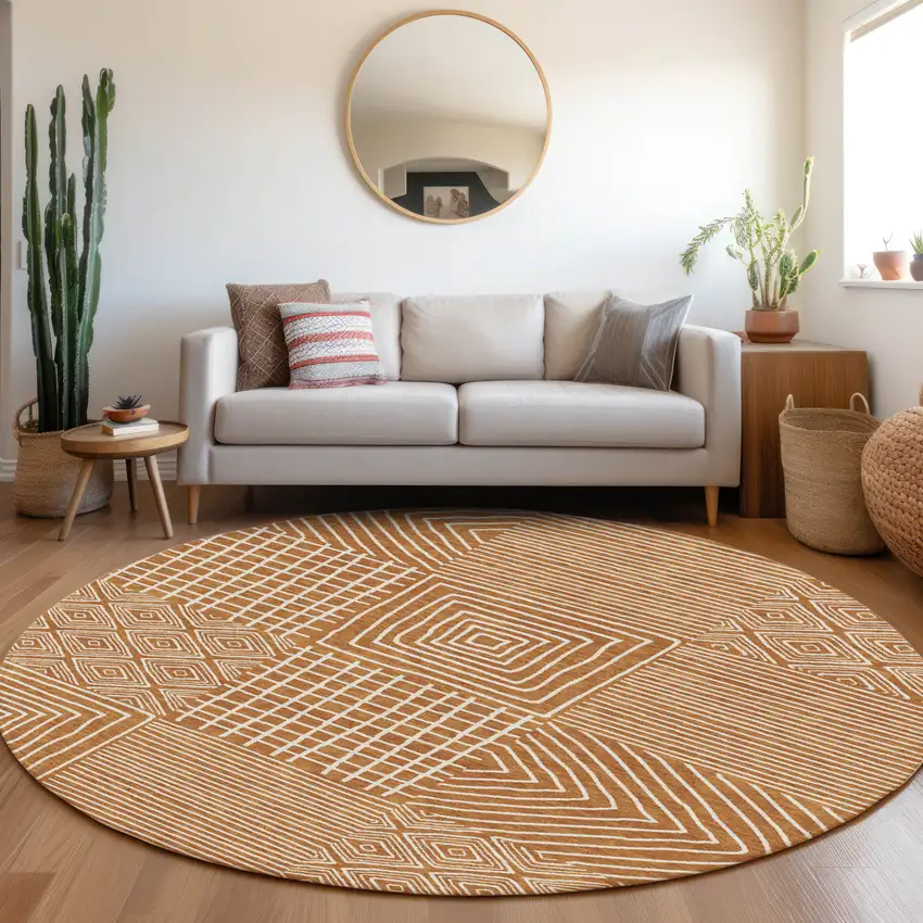 8' Copper And Ivory Round Geometric Washable Indoor Outdoor Area Rug Photo 9