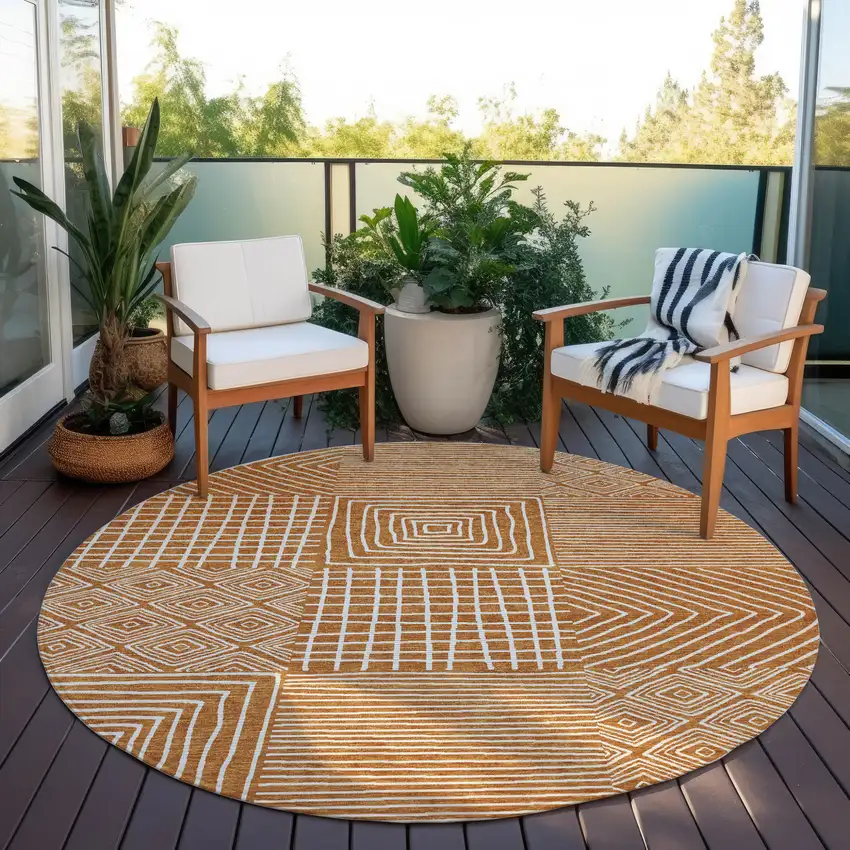 8' Copper And Ivory Round Geometric Washable Indoor Outdoor Area Rug Photo 8