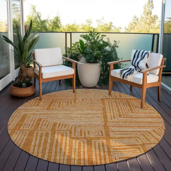 8' Copper And Ivory Round Geometric Washable Indoor Outdoor Area Rug Photo 7