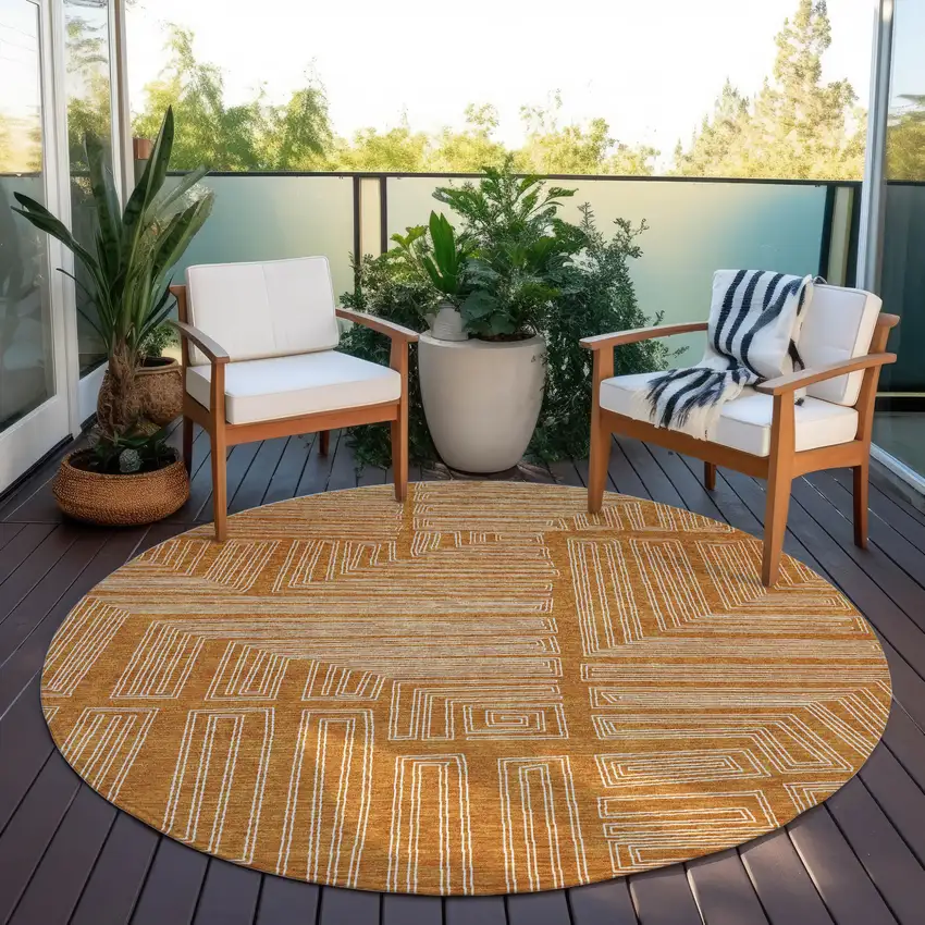 8' Copper And Ivory Round Geometric Washable Indoor Outdoor Area Rug Photo 7