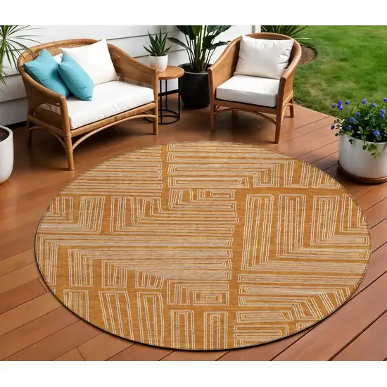 8' Copper And Ivory Round Geometric Washable Indoor Outdoor Area Rug Photo 1