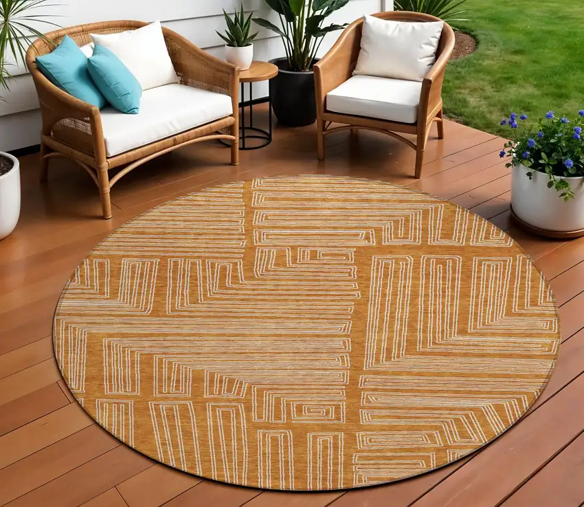 8' Copper And Ivory Round Geometric Washable Indoor Outdoor Area Rug Photo 1