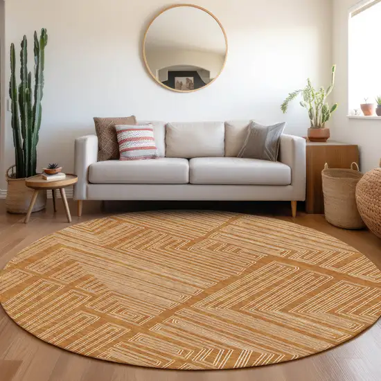 8' Copper And Ivory Round Geometric Washable Indoor Outdoor Area Rug Photo 8