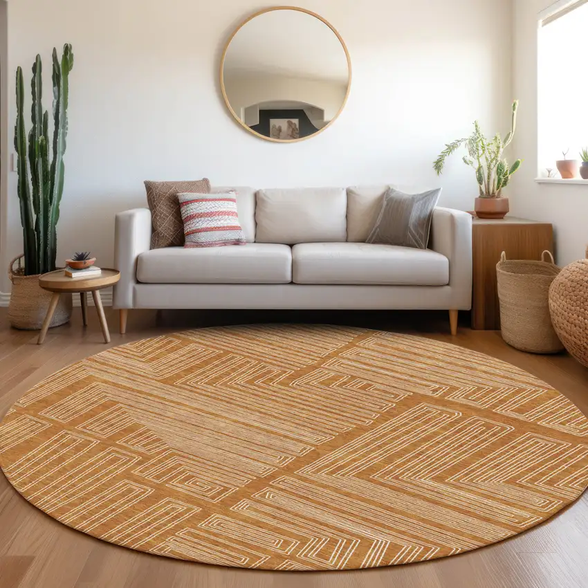 8' Copper And Ivory Round Geometric Washable Indoor Outdoor Area Rug Photo 8