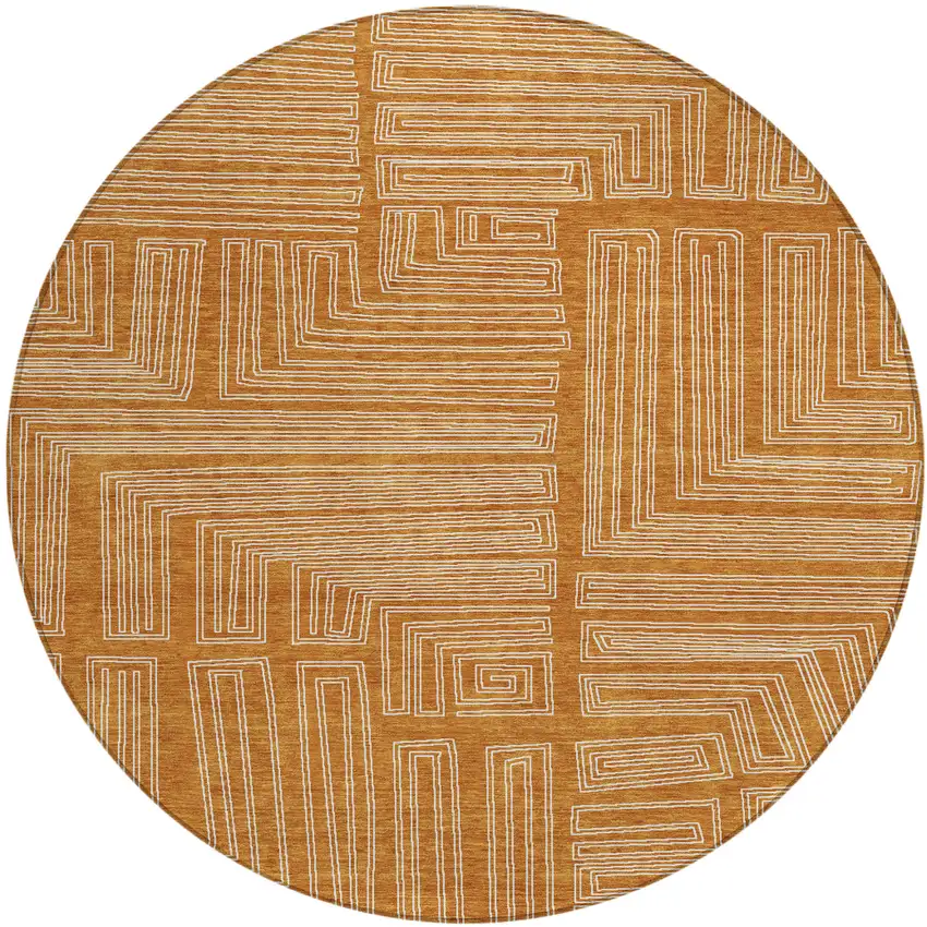 8' Copper And Ivory Round Geometric Washable Indoor Outdoor Area Rug Photo 2