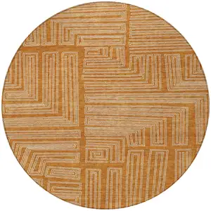 Photo of 8' Copper And Ivory Round Geometric Washable Indoor Outdoor Area Rug