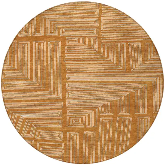 8' Copper And Ivory Round Geometric Washable Indoor Outdoor Area Rug Photo 6