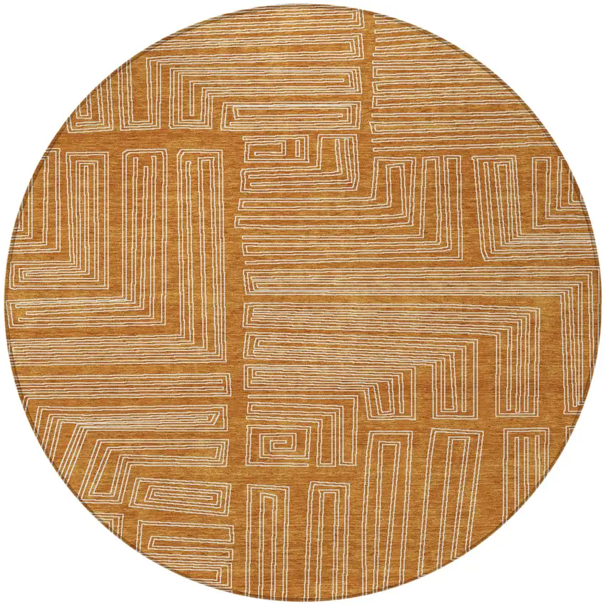 8' Copper And Ivory Round Geometric Washable Indoor Outdoor Area Rug Photo 6
