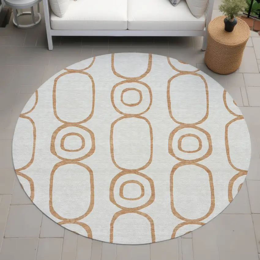8' Copper And Ivory Round Geometric Washable Indoor Outdoor Area Rug Photo 8
