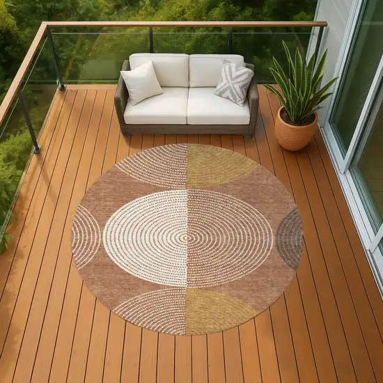 8' Copper And Ivory Round Geometric Washable Indoor Outdoor Area Rug Photo 8