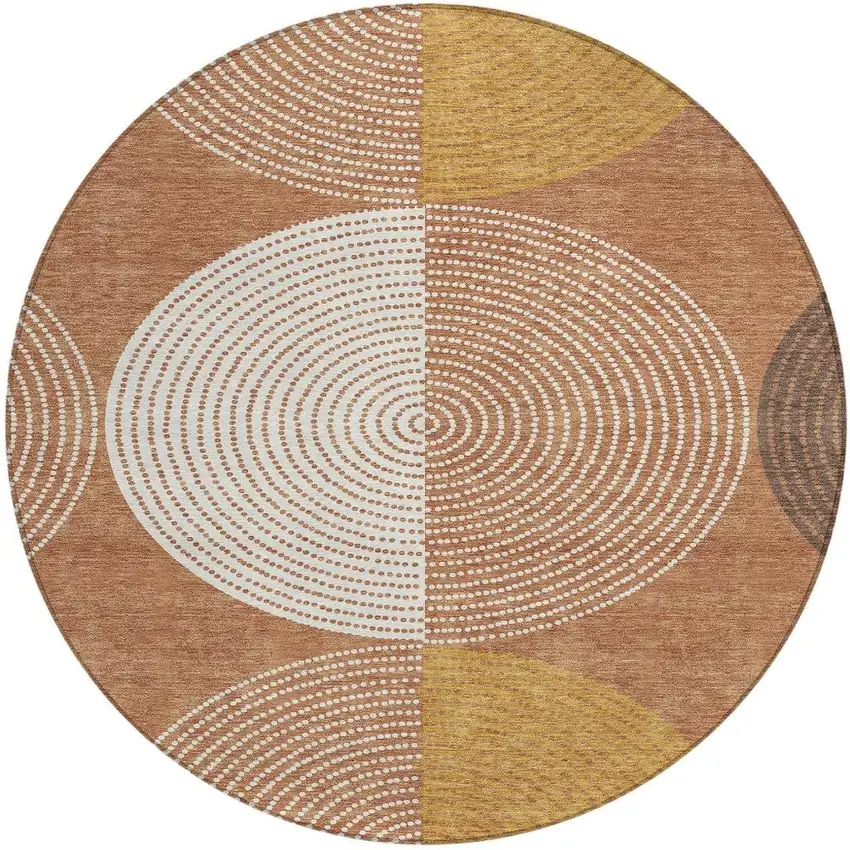 8' Copper And Ivory Round Geometric Washable Indoor Outdoor Area Rug Photo 5