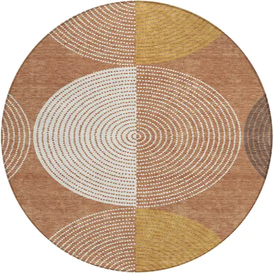 8' Copper And Ivory Round Geometric Washable Indoor Outdoor Area Rug Photo 2