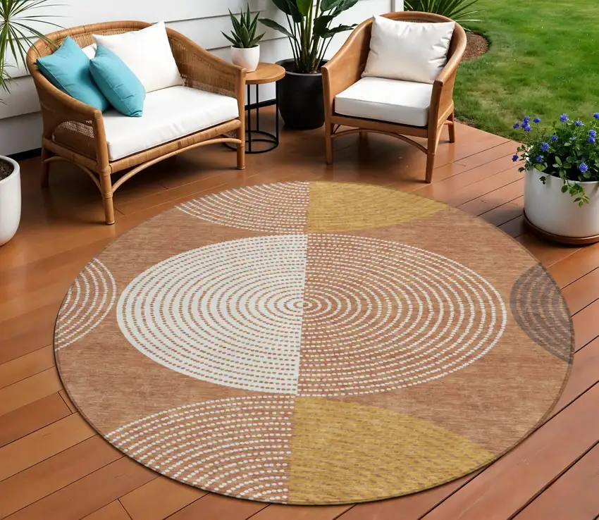 8' Copper And Ivory Round Geometric Washable Indoor Outdoor Area Rug Photo 1