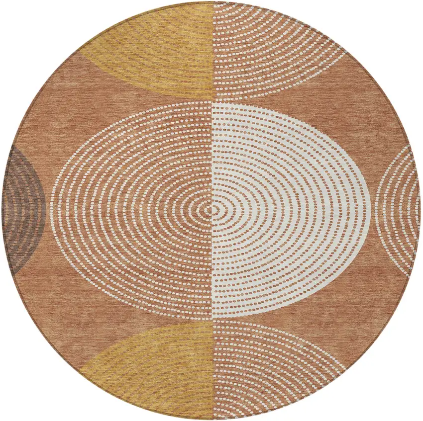 8' Copper And Ivory Round Geometric Washable Indoor Outdoor Area Rug Photo 4