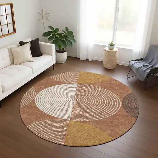 8' Copper And Ivory Round Geometric Washable Indoor Outdoor Area Rug Photo 9