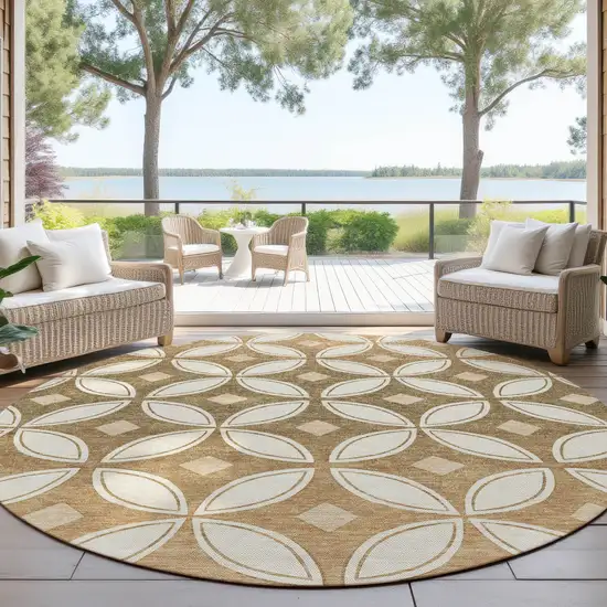 8' Copper And Ivory Round Geometric Washable Indoor Outdoor Area Rug Photo 4