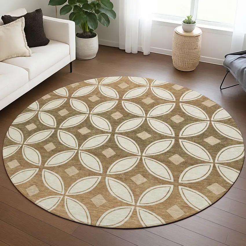 8' Copper And Ivory Round Geometric Washable Indoor Outdoor Area Rug Photo 5