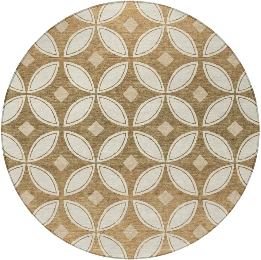 8' Copper And Ivory Round Geometric Washable Indoor Outdoor Area Rug Photo 3