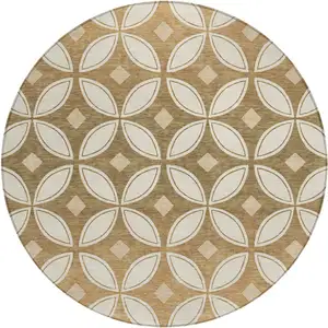 Photo of 8' Copper And Ivory Round Geometric Washable Indoor Outdoor Area Rug