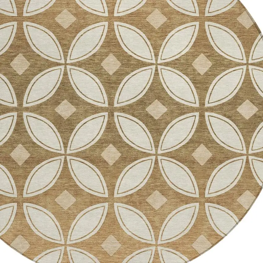 8' Copper And Ivory Round Geometric Washable Indoor Outdoor Area Rug Photo 2