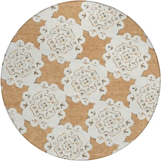 8' Copper And Ivory Round Quatrefoil Washable Indoor Outdoor Area Rug Photo 2