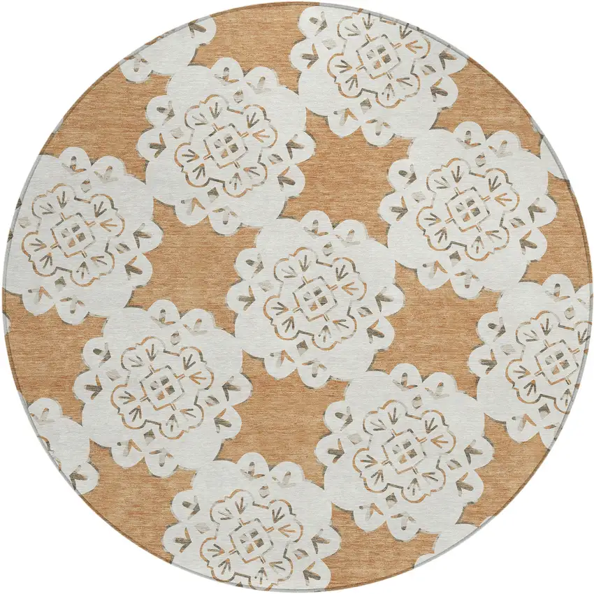 8' Copper And Ivory Round Quatrefoil Washable Indoor Outdoor Area Rug Photo 2