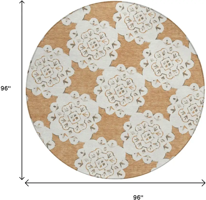 8' Copper And Ivory Round Quatrefoil Washable Indoor Outdoor Area Rug Photo 3