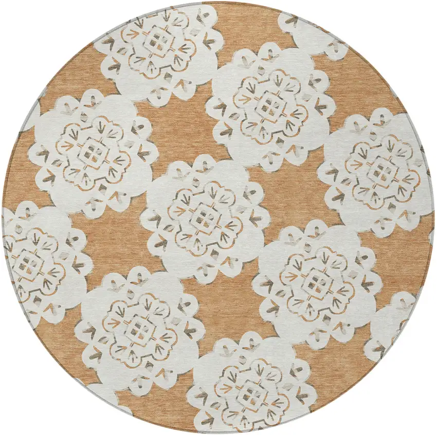 8' Copper And Ivory Round Quatrefoil Washable Indoor Outdoor Area Rug Photo 4
