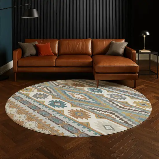 8' Copper And Ivory Round Southwestern Washable Indoor Outdoor Area Rug Photo 5