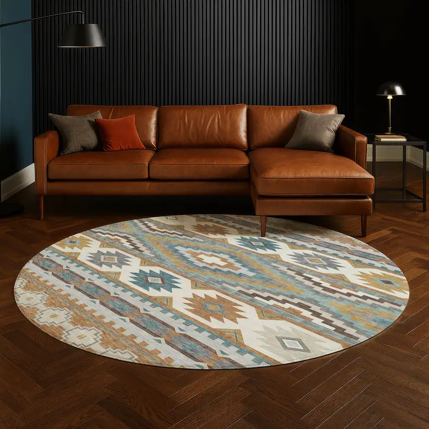 8' Copper And Ivory Round Southwestern Washable Indoor Outdoor Area Rug Photo 5