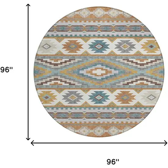 8' Copper And Ivory Round Southwestern Washable Indoor Outdoor Area Rug Photo 8