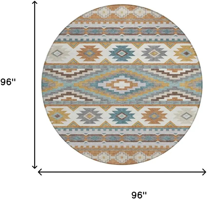 8' Copper And Ivory Round Southwestern Washable Indoor Outdoor Area Rug Photo 8