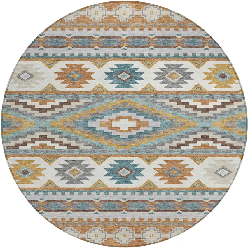 8' Copper And Ivory Round Southwestern Washable Indoor Outdoor Area Rug Photo 1
