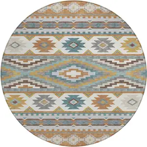 Photo of 8' Copper And Ivory Round Southwestern Washable Indoor Outdoor Area Rug